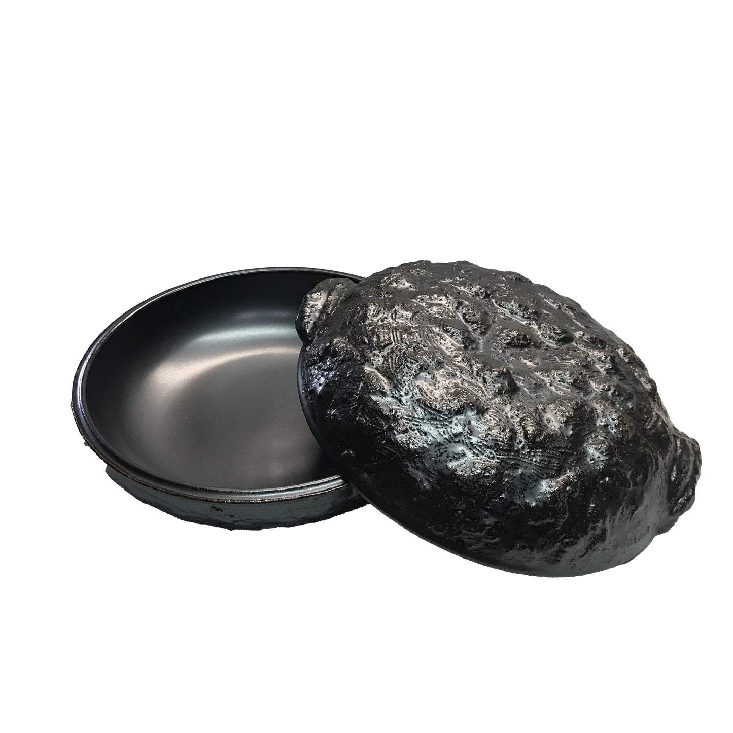 Shaku Enamel Pot with Black Handles and Rim (Rock Surface Style) / 黒耳付リム付き尺ホーロク(岩肌風)