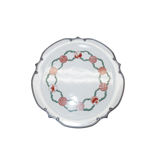 Nishiki Shu Color Base Round Pattern Linked Base Rust (Green) Relief 9-inch Plate / 錦朱彩地紋丸紋繋ぎ渕錆(緑)レリーフ9寸プレート